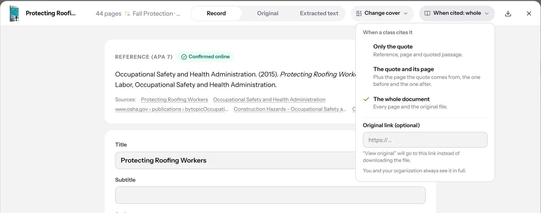 Ficha del manual Protecting Roofing Workers con el menú When a class cites it y sus tres opciones