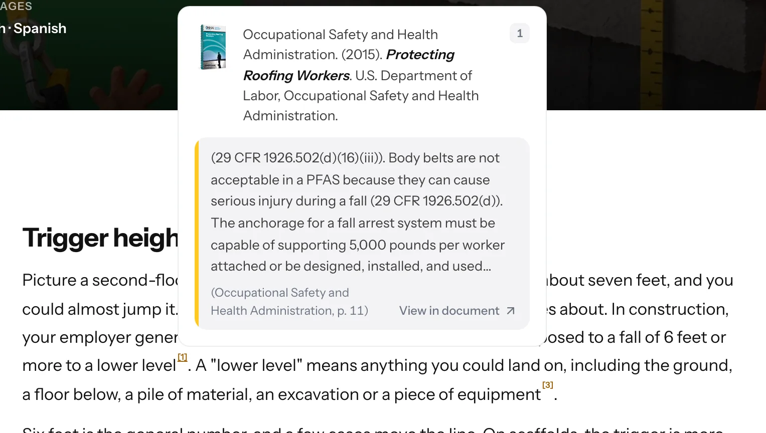 Ventana de una cita con la referencia APA del manual Protecting Roofing Workers, el pasaje citado y la página 11