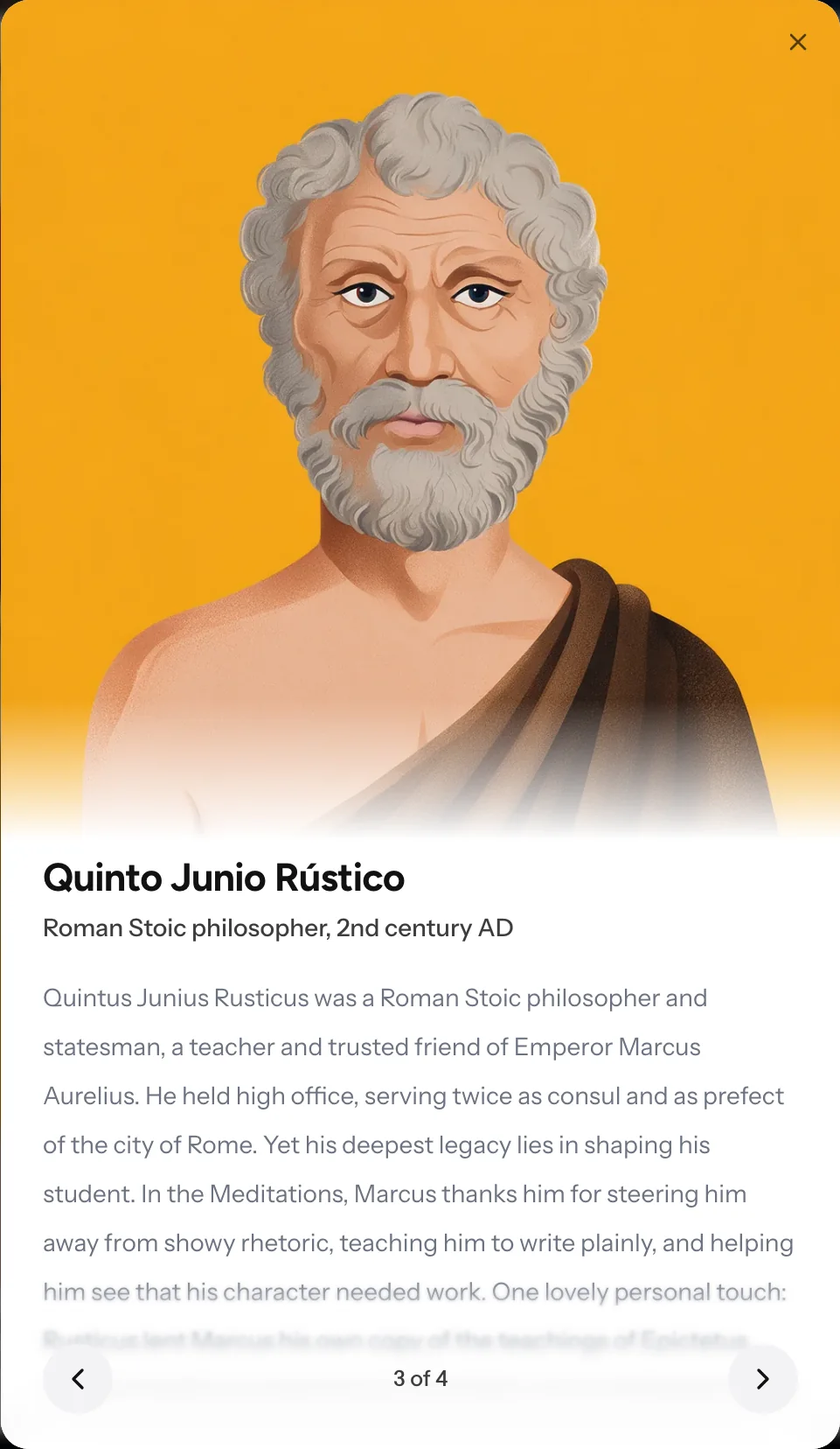 Ficha de Quinto Junio Rústico con su retrato y su historia