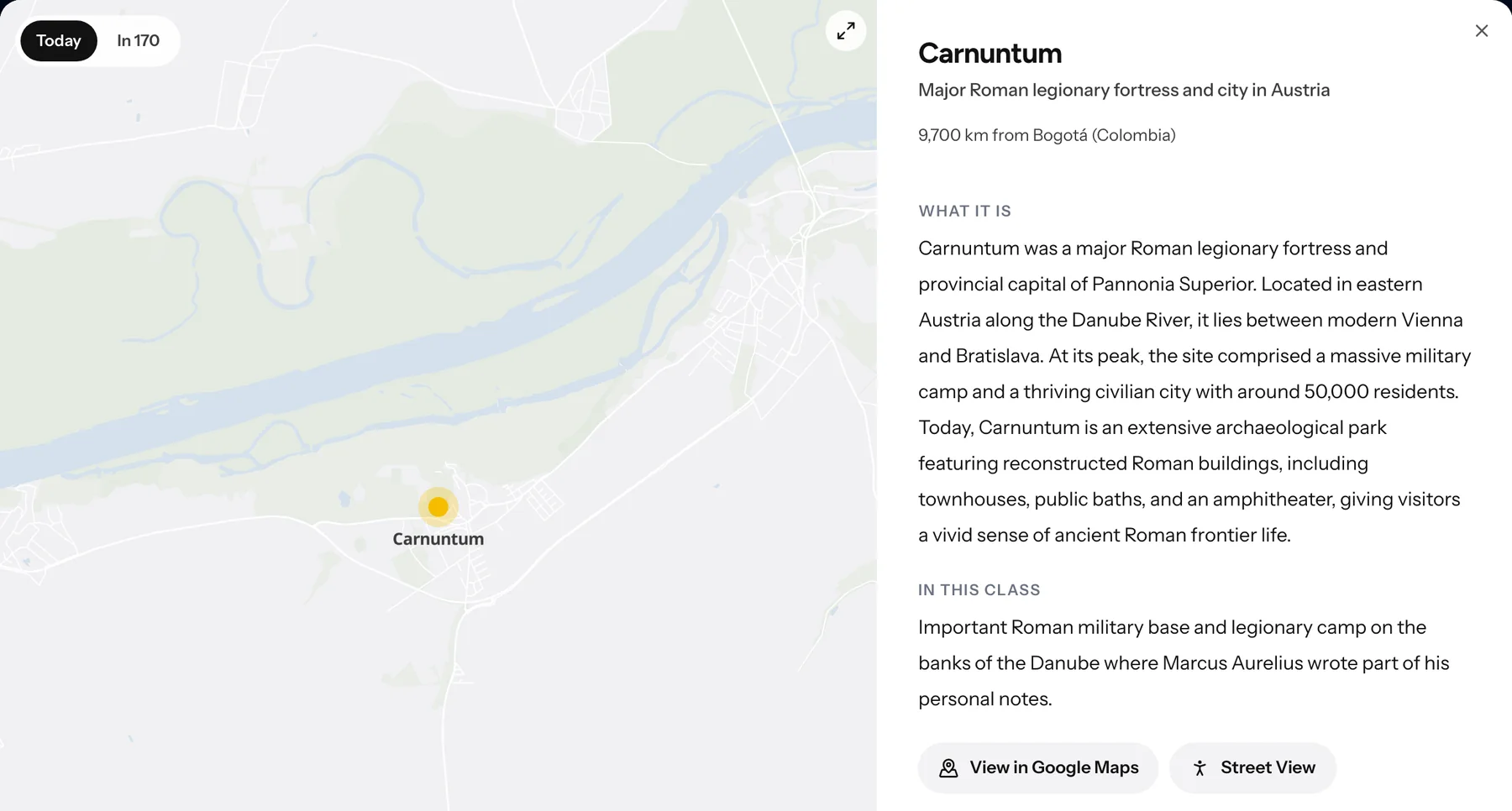 Ficha de Carnuntum con el mapa actual, la distancia a Bogotá y botones de Google Maps