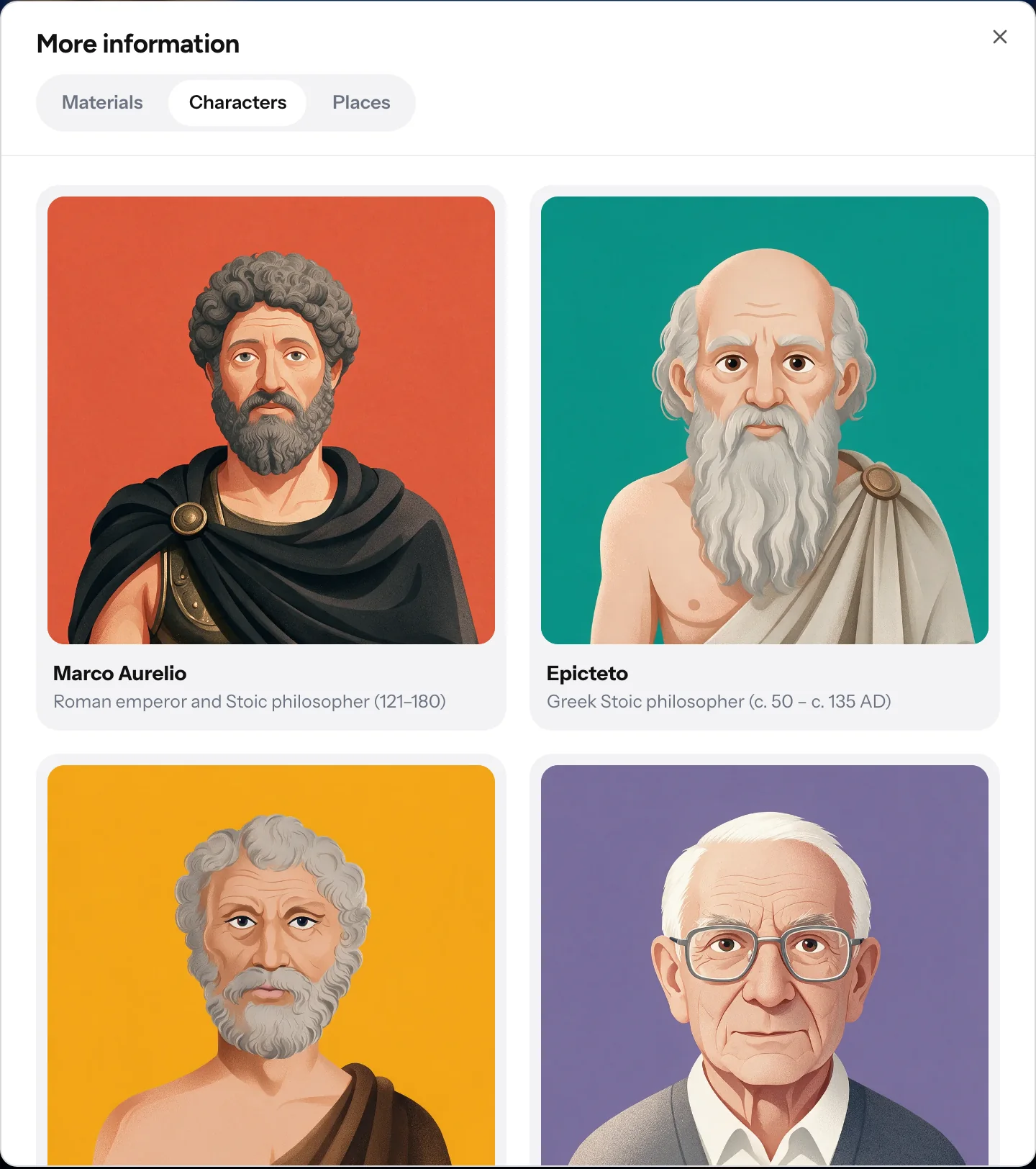 Pestaña Personajes con los retratos de Marco Aurelio y Epicteto