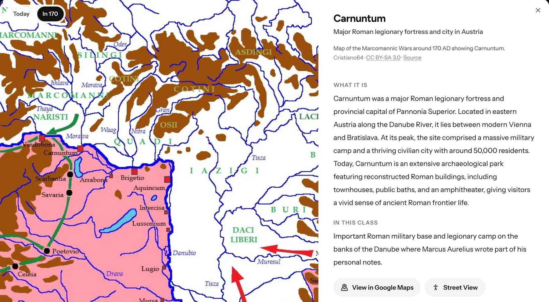 Mapa de las guerras marcomanas alrededor del año 170 con Carnuntum en la frontera