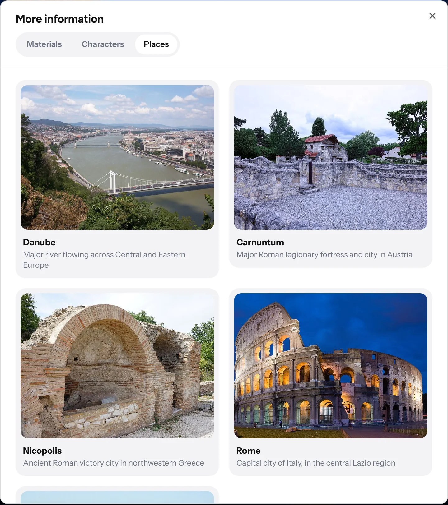 Pestaña Lugares con fotos del Danubio, Carnuntum, Nicópolis y Roma