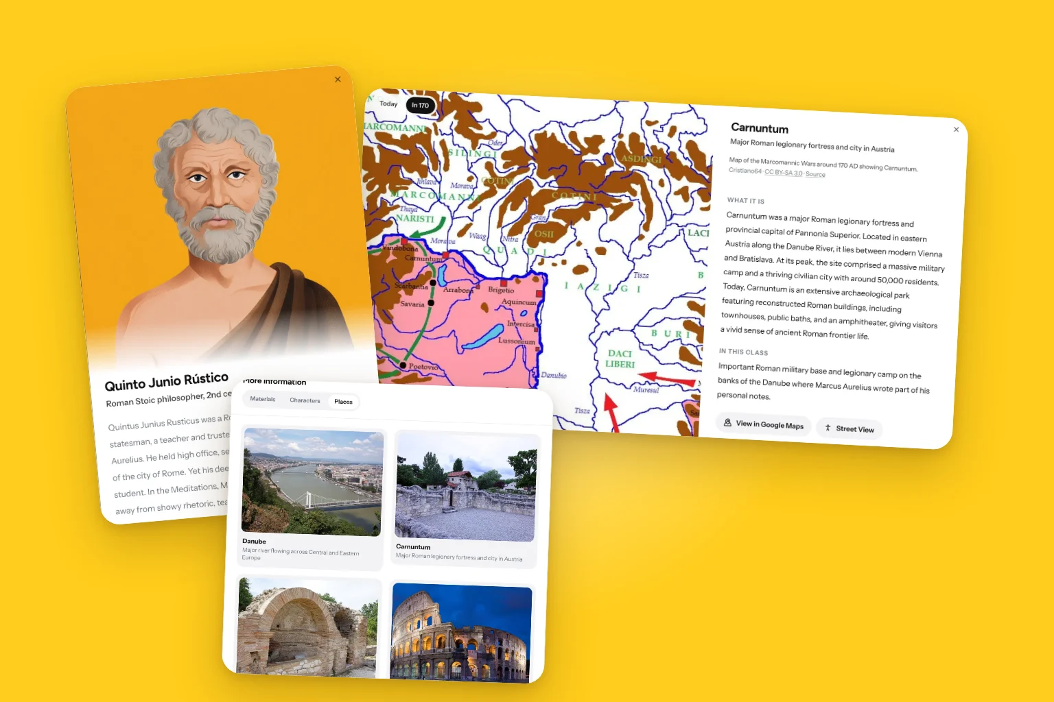 Collage con la ficha de Quinto Junio Rústico, el mapa de Carnuntum hacia el año 170 y los lugares de la clase sobre Marco Aurelio